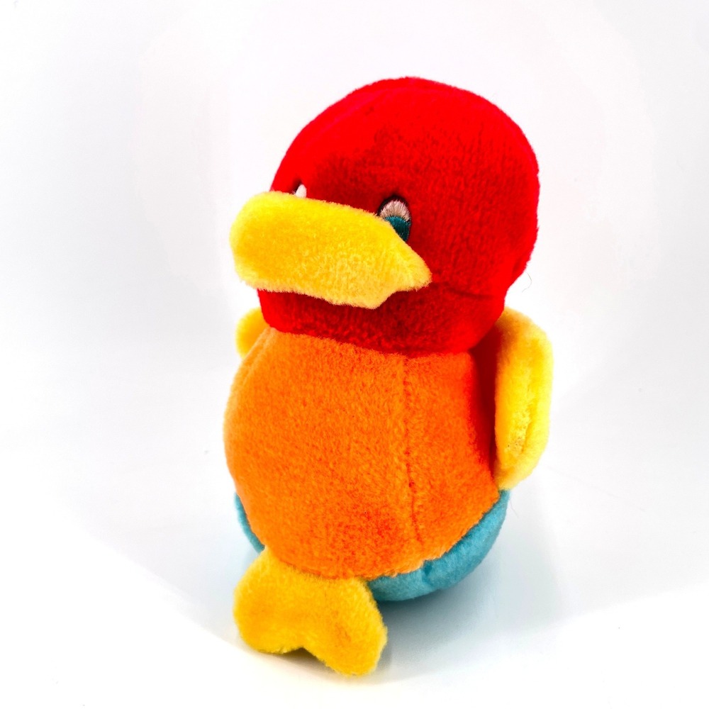 Vintage Gund Baby Plush Rattle Rainbow Colors Block Bird Duck Embroidered Eyes